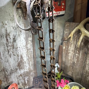May include: An antique metal chain and harness hanging on a weathered wooden wall. The chain is made of rectangular links and is attached to a leather strap. The background includes a vintage sign and floral arrangements.