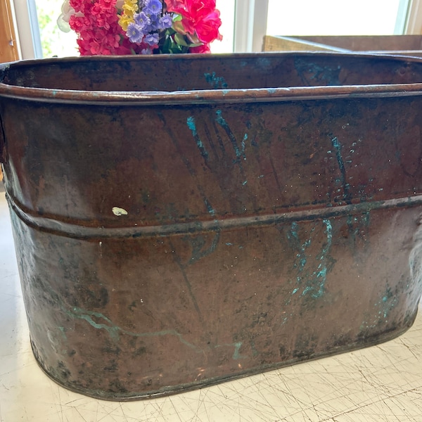 Vintage Copper Boiler,wood box. , Firewood Kindling Wood Holder, Vintage Rustic Farmhouse Storage Fireplace  Decor, Display