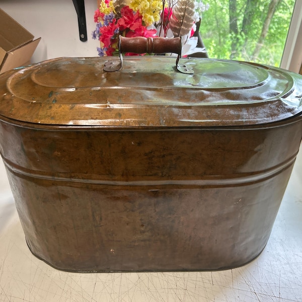 Vintage Copper Boiler,wood box with lid, kitchen decor