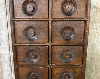 Vintage Allspice drawer cabinet, wood cabinet, apothecary cabinet, parts bin, jewelry