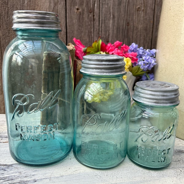 3 Vintage Ball Perfect Mason  Blue Canning Jars.  1/2 Gallon, Quart, Pint size .Made 1923-1933