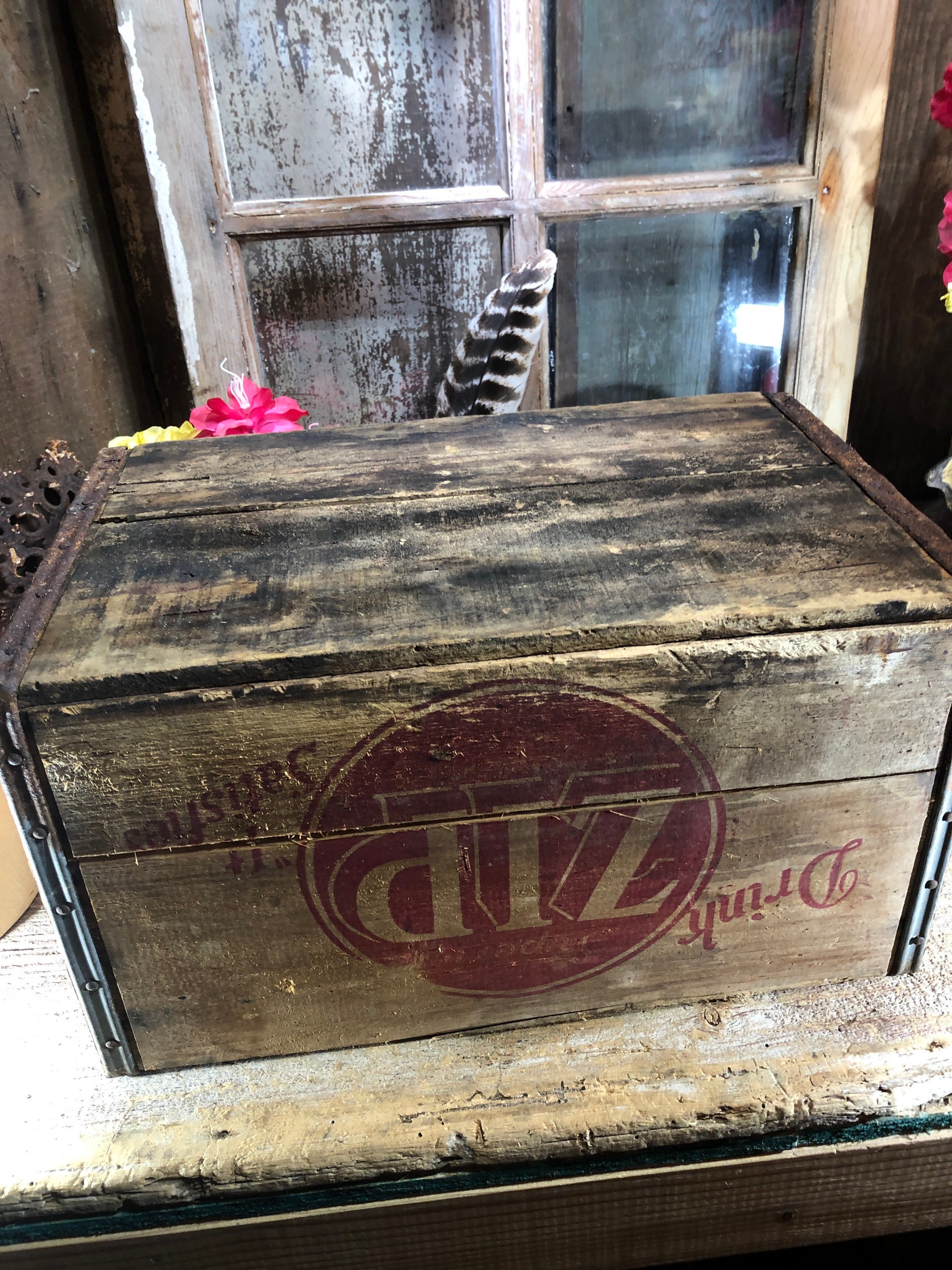 Vintage Wood Crate, Wood Box. Drink Zip It's Satisfying, Pop Case