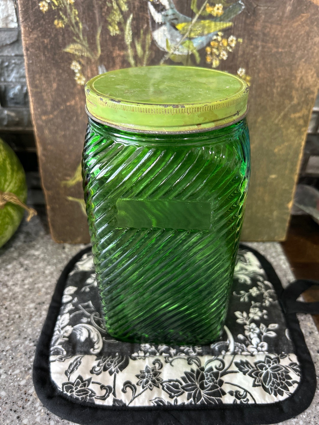 Vintage Green Quart Jar Storage Container Ribbed Glass Etsy