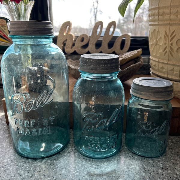 3 Vintage Ball Perfect Mason  Blue Canning Jars.  1/2 Gallon, Quart, Pint size .Made 1923-1933