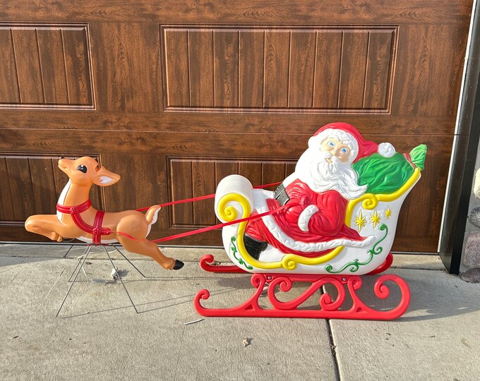 Vintage Christmas Outdoor Santa Sleigh and Reindeer Lighted, Holiday