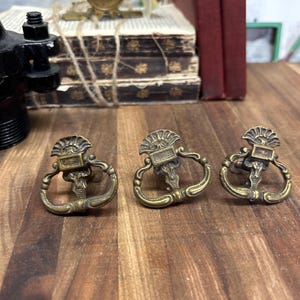 May include: Three antique brass drawer pulls with a decorative floral design. The pulls have a curved handle and a rectangular plate. The pulls are arranged on a wooden surface, with books and other hardware in the background.