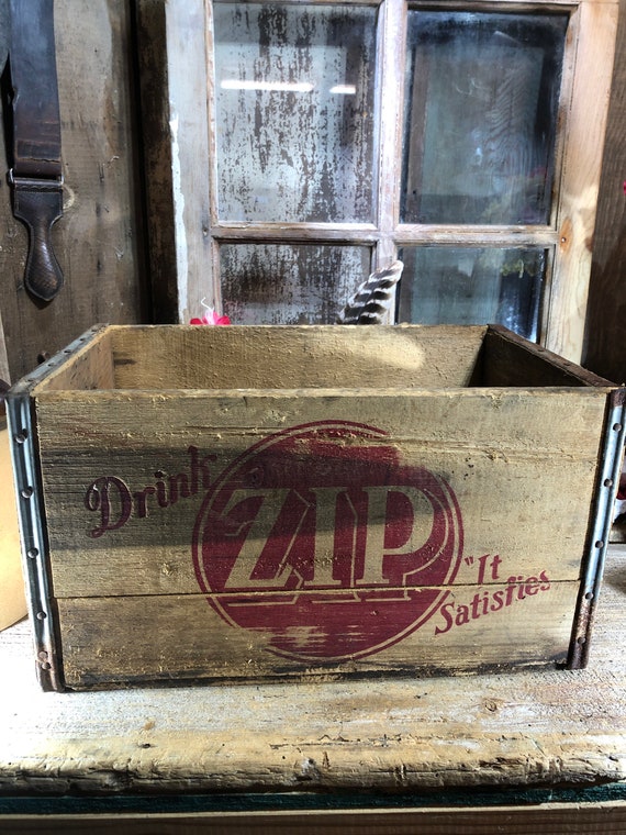 Vintage Wood Crate, Wood Box. Drink Zip It's Satisfying, Pop Case