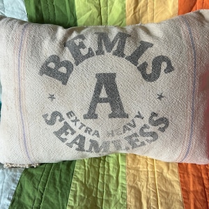 Vintage flour sack pillow, farmhouse seed sack.Bemis Seamless