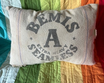 Vintage flour sack pillow, farmhouse seed sack.Bemis Seamless