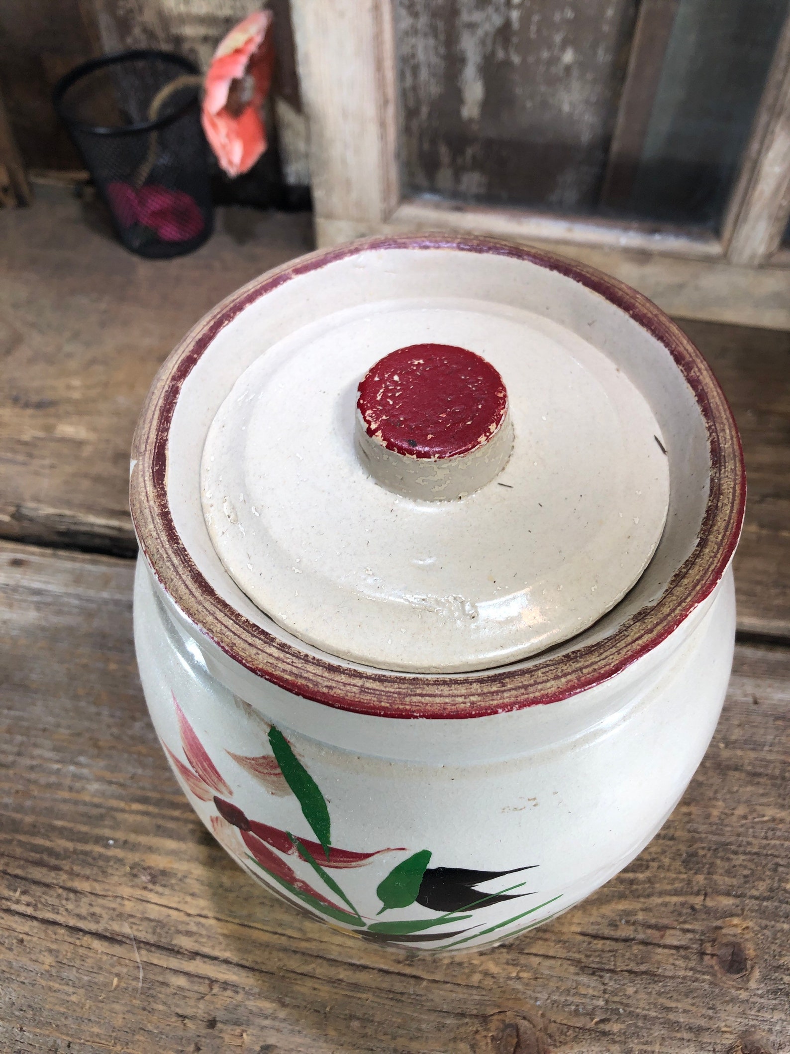 Vintage Crock / Cookie Jar Farmhouse Find. Hand Painted Etsy