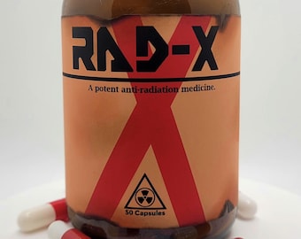 Fallout 4 Inspired Unofficial Weathered Rad-X Glass Bottle Container Prop With 50 Red/White Gelatin Capsules