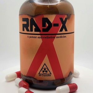 Fallout 4 Inspired Unofficial Weathered Rad-X Glass Bottle Container Prop With 50 Red/White Gelatin Capsules