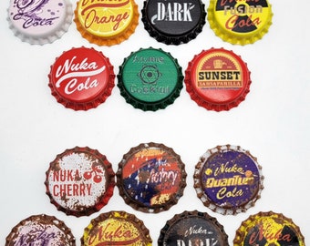 Set of 10 Fallout Inspired Bottle Caps Or Fridge Magnets Weathered/Clean Versions, Nuka Cola, Quantum, Cherry, Fusion, Victory, Orange, Dark