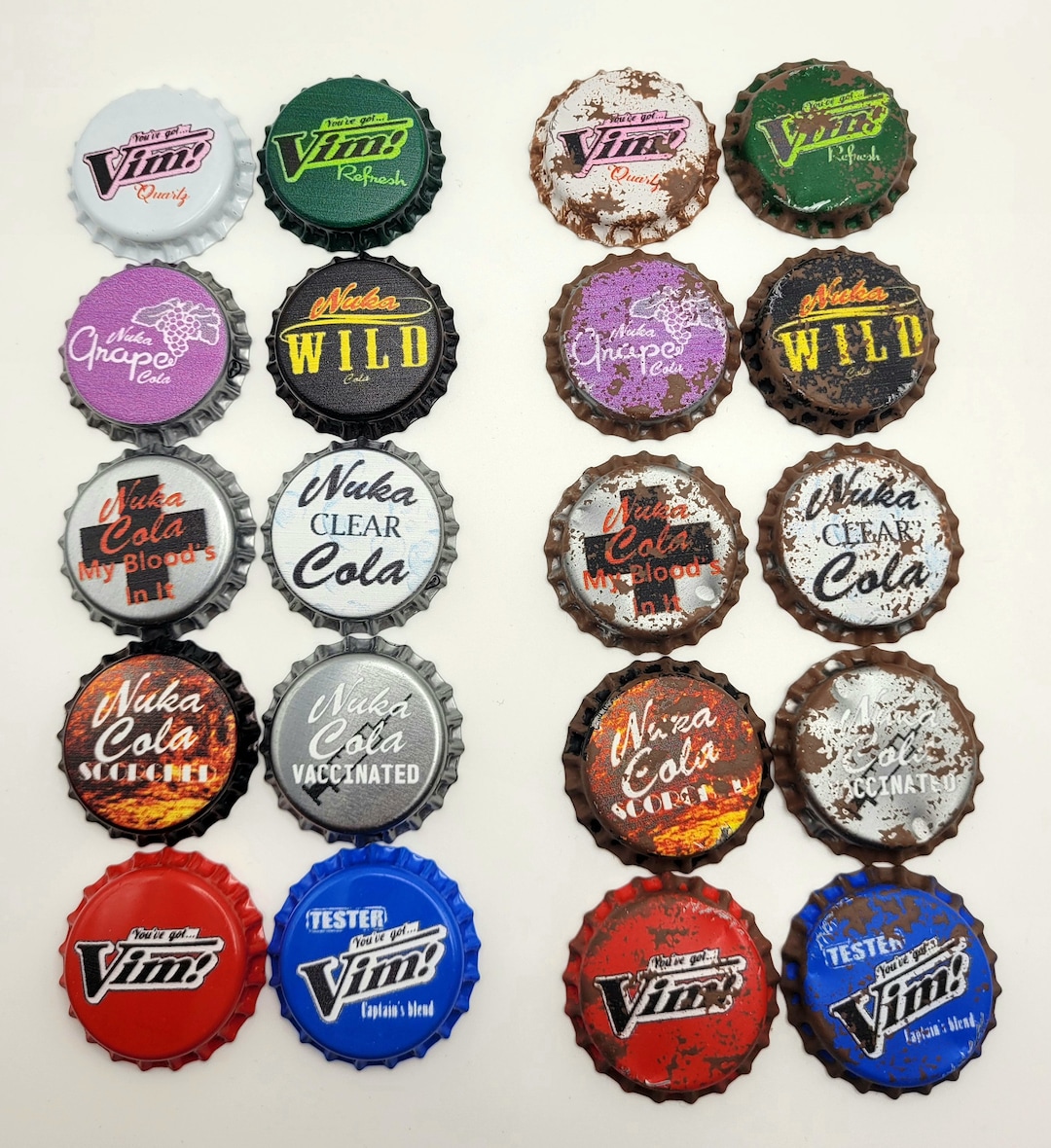 Set of 10 Unofficial Fallout Bottle Caps, Nuka Grape, Vims, Wild