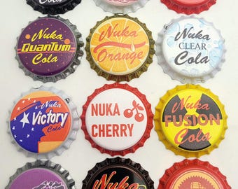 1# Set - 12 Wasteland Inspired Weathered or Clean High Quality Printed on Real Bottle Caps! Cola's, cherry, Clear, Dark, Orange, Grape..