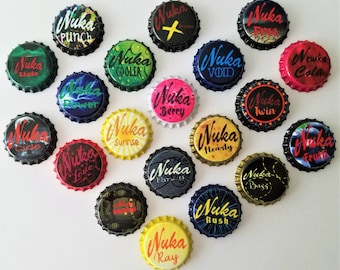 Set of 20 Nuka Cola World Crafted Drinks Fallout Unofficial Bottle Caps Ready For Capping! Weathered/Clean Also Choose Refrigerator Magnets!