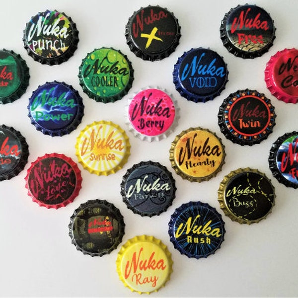 Set of 20 Nuka Cola World Crafted Drinks Fallout Unofficial Bottle Caps Ready For Capping! Weathered/Clean Also Choose Refrigerator Magnets!