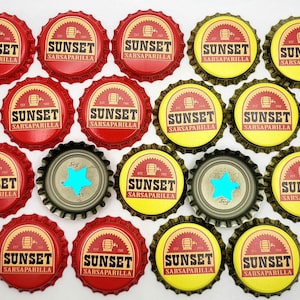 8# Set - 10 Sarsaparilla Bottle Caps 1 with Blue Star. Weathered or Clean Wasteland Inspired. High Quality Printed on Real Caps!
