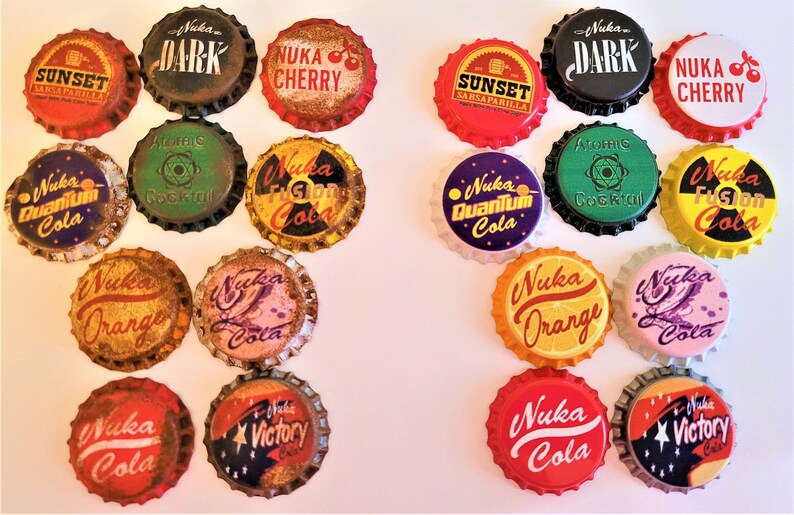 Set of 10 Fallout Inspired Bottle Caps Or Fridge Magnets Weathered/Clean Versions, Nuka Cola, Quantum, Cherry, Fusion, Victory, Orange, Dark 