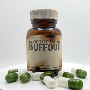 Fallout 4 Inspired Unofficial Weathered Buffout Glass Bottle Container Prop With 20 White/Green Food Grade Gelatin Capsules.