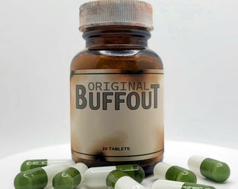 Fallout 4 Inspired Unofficial Weathered Buffout Glass Bottle Container Prop With 20 White/Green Food Grade Gelatin Capsules.