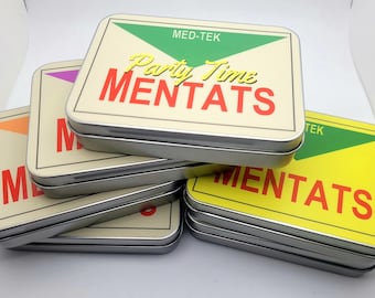 Mentats You Pick Flavor Weathered or Clean Hinged Metal Food Safe Tins. Waterproof labels!
