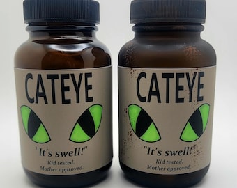 Cateye, Wasteland Vegas Inspired Weathered or Clean Glass Bottle Container Prop. Weatherproof Label!
