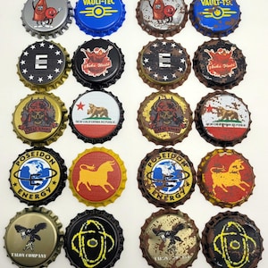 Set of 10 Fallout Unofficial Bottle Caps Enclave, NCR, Vault-Tec, Talon Company, Weathered/Clean Versions Or Choose Refrigerator Magnets!