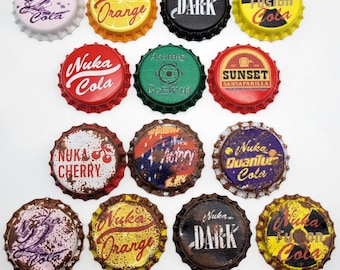 Set of 10 Fallout Inspired Bottle Caps Or Fridge Magnets Weathered/Clean Versions, Nuka Cola, Quantum, Cherry, Fusion, Victory, Orange, Dark