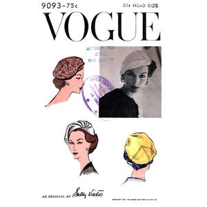 Téléchargement numérique PDF : chapeau élégant pour femme des années 50 par Sally Victor, tour de tête 55 cm (21,5 po.), reproduction du patron de couture vintage Vogue 9093