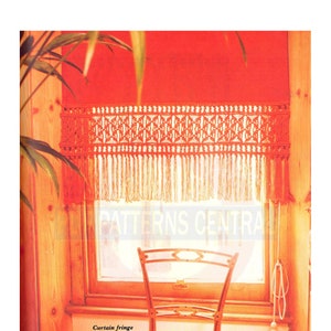 May include: A close-up of a window with a red curtain featuring a macrame fringe. The fringe is worked in horizontal and diagonal cording. The text "Curtain fringe" and "Worked in horizontal and diagonal cording, you can make this fringe as long or as short as you like to match your own window." is visible in the image.