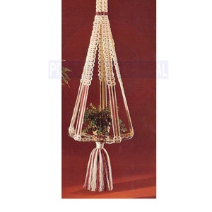 May include: A macrame plant hanger with a white and burgundy striped cord. The hanger is in the shape of a cone with a round top and a tassel at the bottom. A small plant is in the hanger.