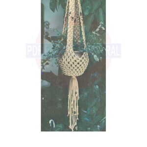 Puede incluir: Un macetero de macramé con un cordón de color crema y un borla. El macetero sostiene una planta en maceta con hojas verdes.