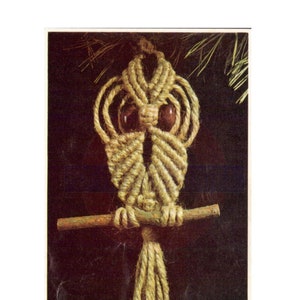 Könnte beinhalten: Eine braune Eule aus geknüpfter Schnur mit Holzaugen und einem Zweig als Sitzstange. Die Eule hängt an einem Ast.