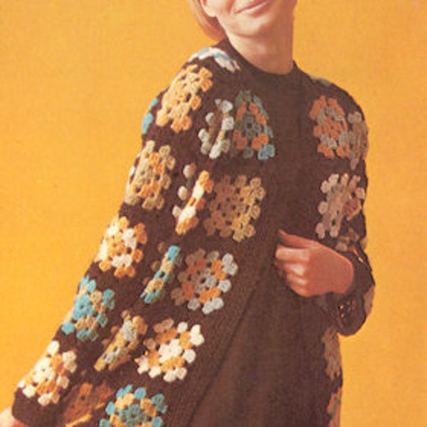 Vintage 70s Granny Square Cardigan Crochet Pattern Instant Download PDF 4 pages