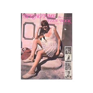 May include: A vintage knitting pattern booklet titled "Springtime Teen Book" with a photo of a woman wearing a white crochet dress and wooden clogs. The booklet is from the 1970s and features a crochet pattern for a summer dress.
