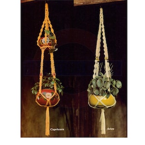 May include: Two macrame plant hangers, one in yellow and one in white, with potted plants hanging from them. The yellow hanger is labeled "Capricorn" and the white hanger is labeled "Aries".