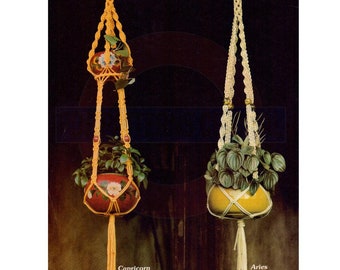 Two vintage 70s Macrame Plant Hanger Patterns Capricorn & Aries Instant Download PDF 2 pages plus Basic Knots and Techniques file