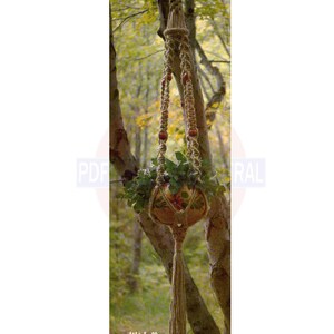 May include: A macrame plant hanger with wooden beads hangs from a tree branch in a forest setting. The hanger is made of natural jute rope and has a tassel at the bottom. A terracotta pot with a floral design holds a green plant.