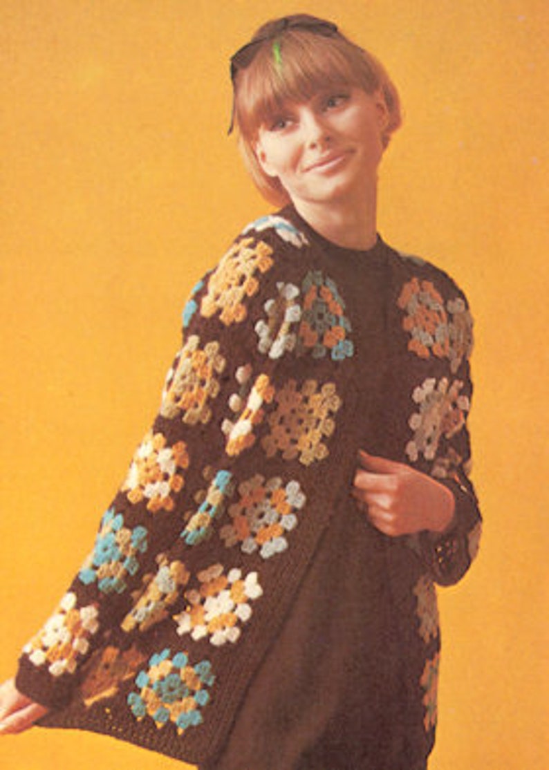 Vintage 70s Granny Square Cardigan Crochet Pattern Instant Download PDF 4 pages image 1