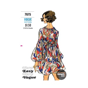 PDF INSTANT DOWNLOAD: 60s Front Slit Dress, Flared Skirt and Bishop Sleeves, Bust 31.5&quot; Vogue 7675, Vintage Sewing Pattern Reproduction