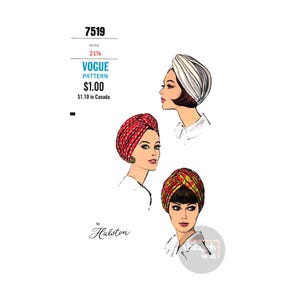 PDF Digital Download: 60s Tucked and Draped Turban Hat by Halston, Head Size 21.5 (54.6 cm), Vogue 7519, Vintage Sewing Pattern Reproduction