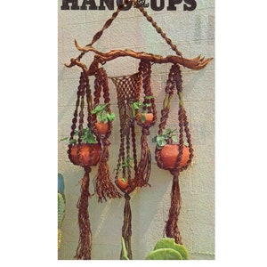 Puede incluir: Un macetero de macramé con cuatro macetas de terracota y plantas verdes colgando de una rama de madera flotante. El macetero está hecho de cordón marrón y tiene una franja en la parte inferior. El título "HANG UPS" está impreso en la parte superior de la imagen.