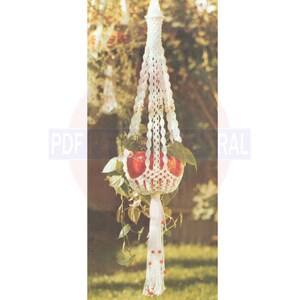 May include: White macrame plant hanger with a red and white pot and green plant hanging from it. The hanger is beaded with red beads.