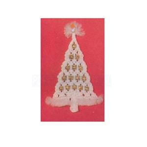 May include: White crocheted Christmas tree ornament with gold beads and a white fluffy top.