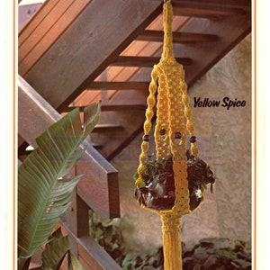 Puede incluir: Un macetero de macramé amarillo con cuentas de madera cuelga de un techo de madera. El macetero está etiquetado como "Yellow Spice".