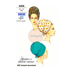 PDF Digital Download: 60s Turban Hat by Halston of Bergdorf Goodman, Head Size 22, Vogue 6606, Vintage Sewing Pattern Reproduction