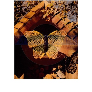 Op de afbeelding: Een gele en groene vlinder gemaakt van geweven materiaal, hangend in een houten constructie met een schaduw van de vlinder eronder.