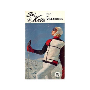 May include: A vintage knitting pattern booklet for a white, red, and black ski sweater. The cover features a woman wearing the sweater and skiing down a snowy mountain. The booklet is titled "Ski Knits" by "Villawool" and is numbered "No. 4".