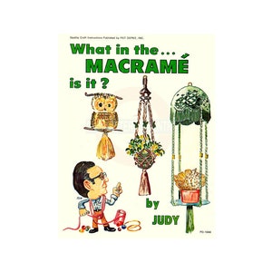 May include: A vintage craft book cover with a cartoon illustration of a person holding yarn and a macrame owl, plant hanger, and lampshade. The title of the book is "What in the... Macrame is it?" by Judy.